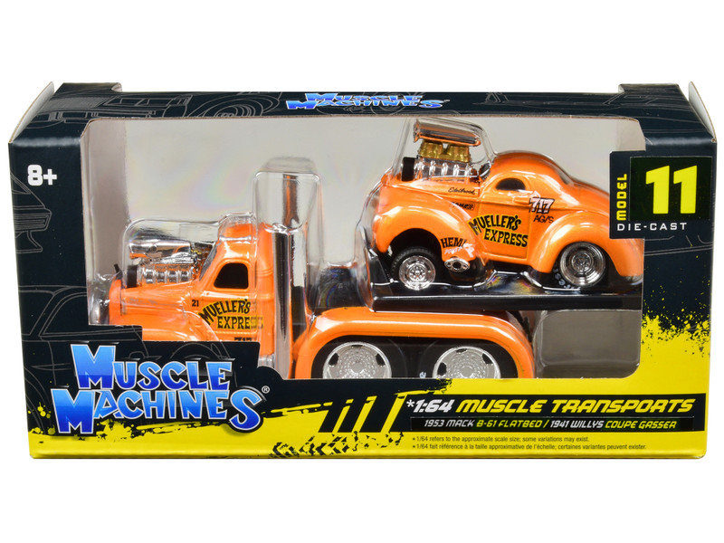 1953 Mack B-61 Flatbed Truck #717 1941 Willys Coupe Gasser #717 Orange Metallic Mueller's Express Muscle Transports Series 1/64 Diecast Model Cars Muscle Machines 11544YL