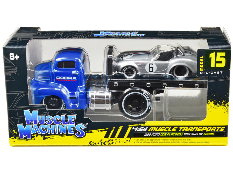 1950 Ford COE Flatbed Truck Blue Cobra Powered by Ford 1964 Shelby Cobra #6 Silver Metallic Stripes Muscle Transports Series 1/64 Diecast Model Cars Muscle Machines 11548SIL