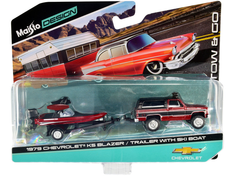 1979 Chevrolet K5 Blazer Red Metallic Matt Black Ski Boat Red Metallic Matt Black Trailer Tow & Go Series 1/64 Diecast Models Maisto 15368-22B