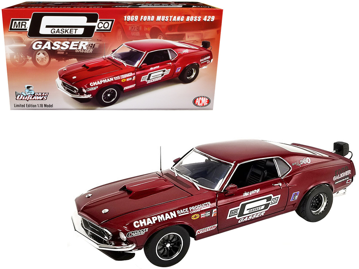 Diecast Model Cars wholesale toys dropshipper drop shipping 1969 Ford  Mustang BOSS 429 Gasser Dark Red Metallic Mr. Gasket Co. Drag Outlaws  Series Limited Edition 870 pieces Worldwide 1/18 ACME A1801854 drop