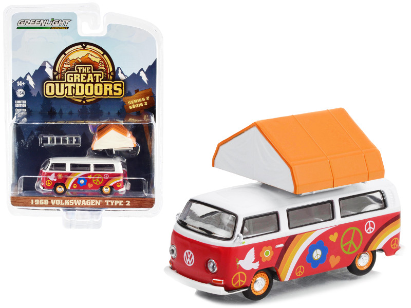 1968 Volkswagen Type 2 Red White Graphics Peace and Love Camp'otel Cartop Sleeper Tent The Great Outdoors Series 2 1/64 Diecast Model Car Greenlight 38030A