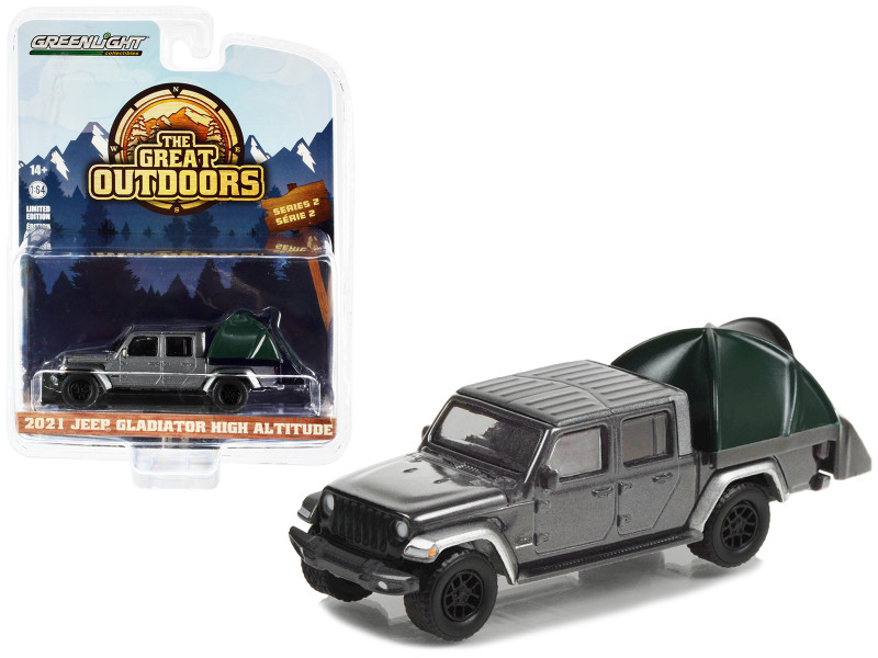 2021 Jeep Gladiator High Altitude Pickup Truck Gray Metallic Modern Truck Bed Tent The Great Outdoors Series 2 1/64 Diecast Model Car Greenlight 38030E