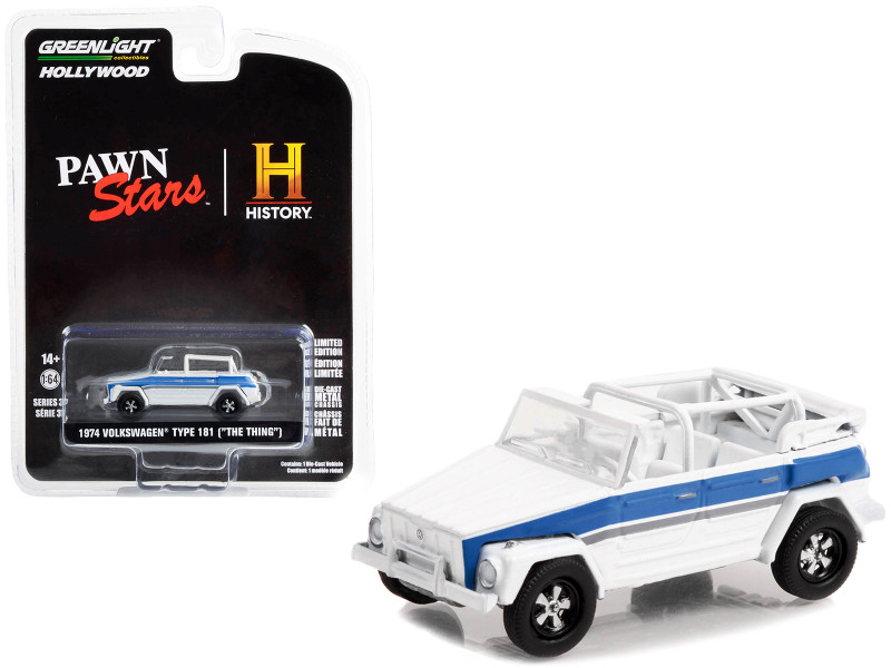 1974 Volkswagen Thing Type 181 White Blue Stripes Pawn Stars 2009-Current TV Series Hollywood Series Release 37 1/64 Diecast Model Car Greenlight 44970C