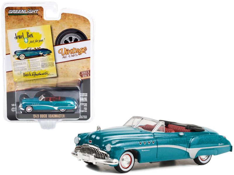 1949 Buick Roadmaster Blue Metallic Red Interior Jewel Box Just For You! Vintage Ad Cars Series 8 1/64 Diecast Model Car Greenlight 39110A