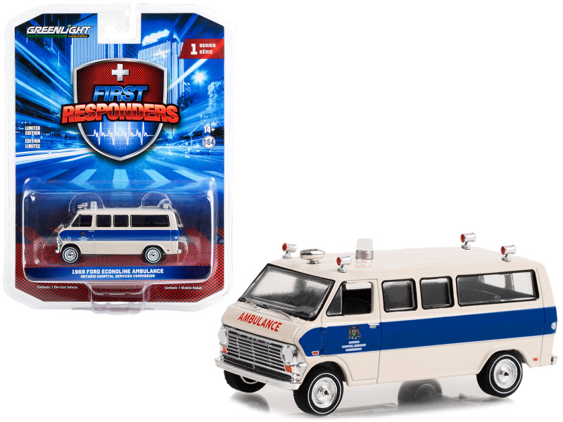 1969 Ford Econoline Ambulance Beige Blue Stripes Ontario Hospital Services Commission Ontario Canada First Responders Series 1 1/64 Diecast Model Car Greenlight 67040A