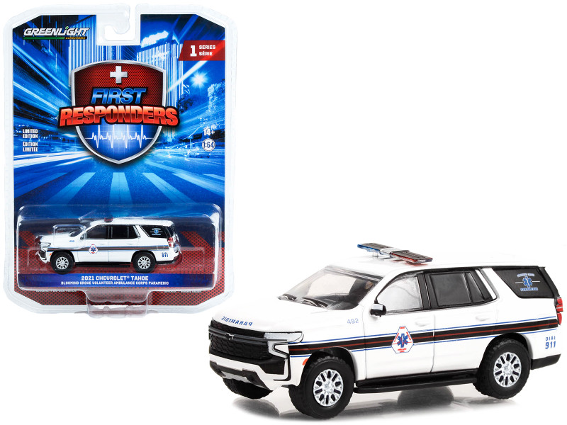 2021 Chevrolet Tahoe White with Stripes "Blooming Grove Volunteer Ambulance Corps Paramedic Washingtonville New York" "First Responders" Series 1 1/64 Diecast Model Car by Greenlight