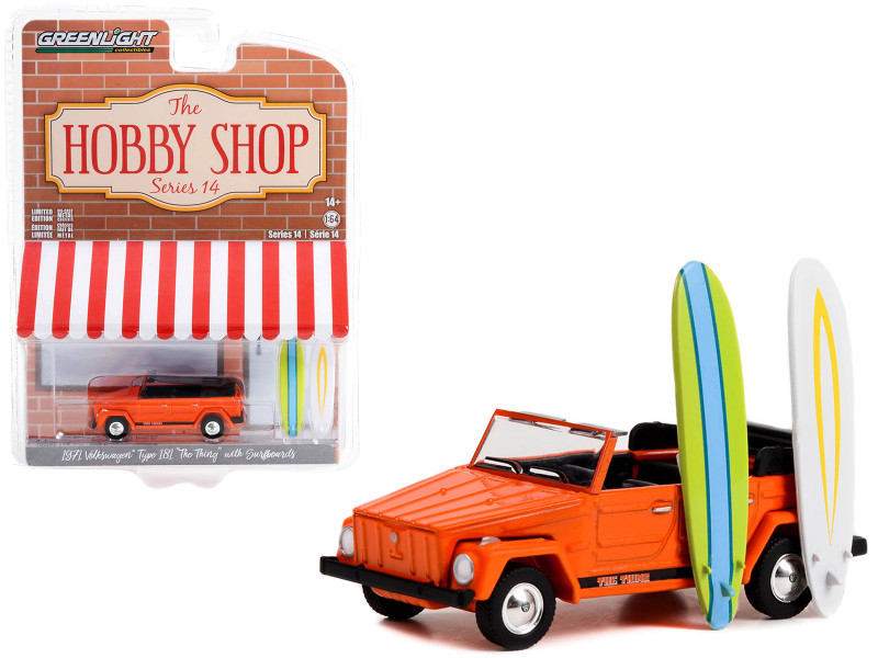 1971 Volkswagen Thing Type 181 The Thing Orange Black Stripes Surfboards The Hobby Shop Series 14 1/64 Diecast Model Car Greenlight 97140C