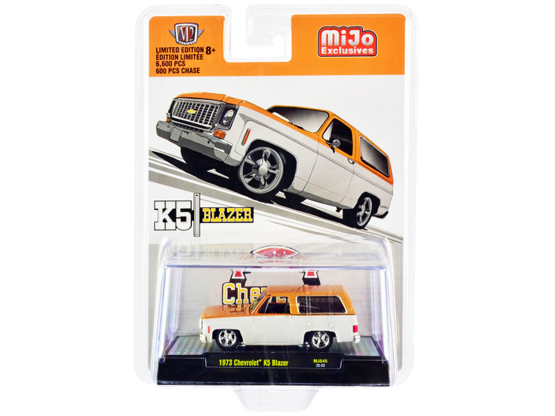 1973 Chevrolet K5 Blazer Orange Metallic White Metallic Limited Edition 6600 pieces Worldwide 1/64 Diecast Model Car M2 Machines 31500-MJS45