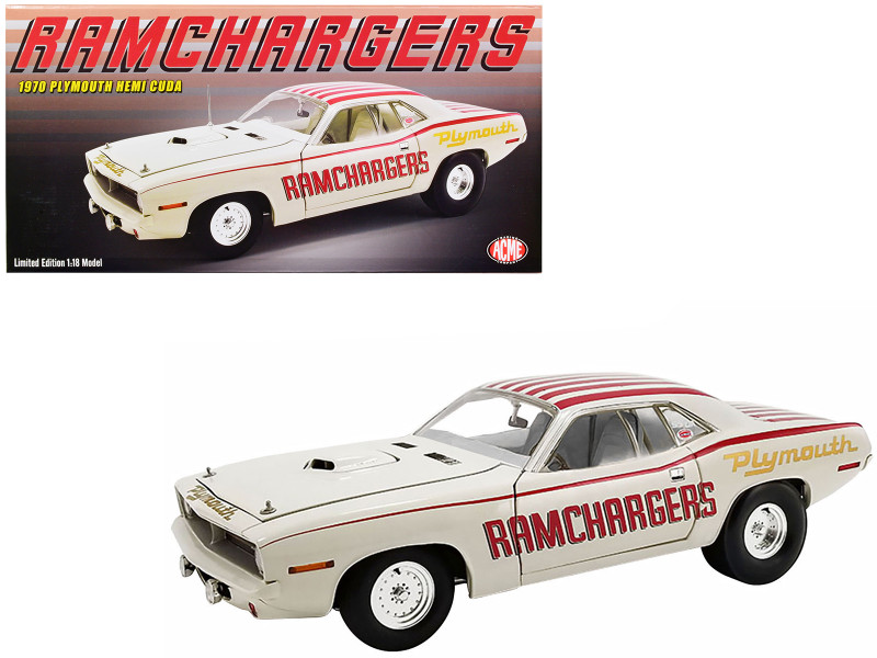 1970 Plymouth HEMI Barracuda Super Stock Ramchargers White Red Stripes Limited Edition 750 pieces Worldwide 1/18 Diecast Model Car ACME A1806128