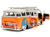 1962 Volkswagen Bus Santa Monica Surf Club Orange White Graphics Roof Rack Surfboard Punch Buggy Series 1/24 Diecast Model Car Jada 34231