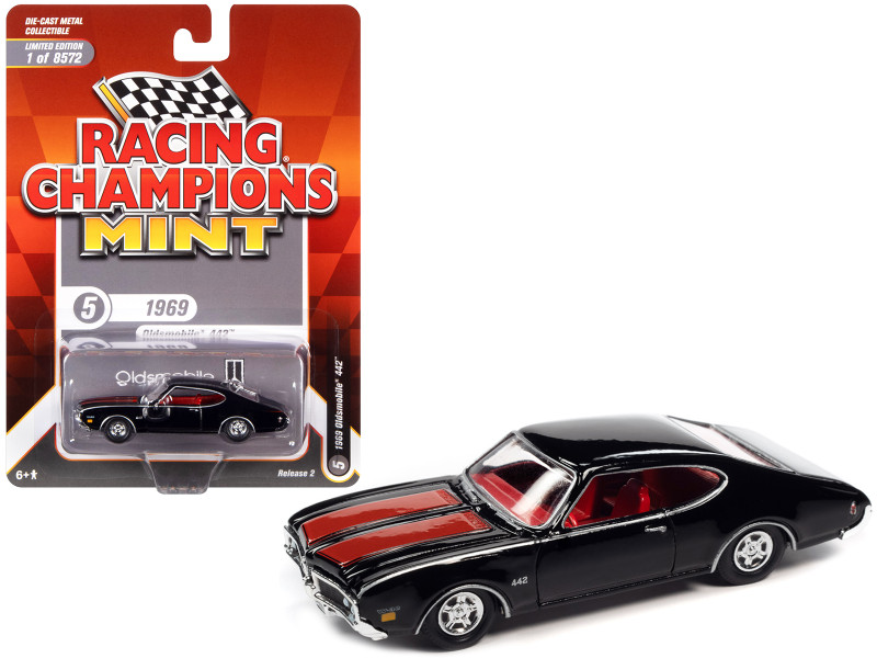 1969 Oldsmobile 442 Black Red Stripes Red Interior Racing Champions Mint 2022 Release 2 Limited Edition 8572 pieces Worldwide 1/64 Diecast Model Car Racing Champions RC015-RCSP026