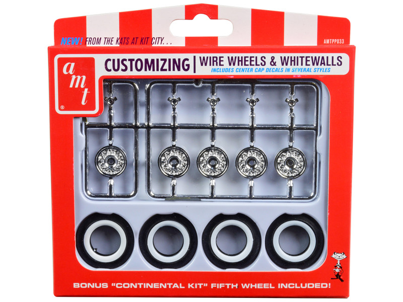 Skill 2 Model Kit Wire Wheels Whitewall Tires Set 5 Pieces 1/25 Scale Models AMT AMTPP033