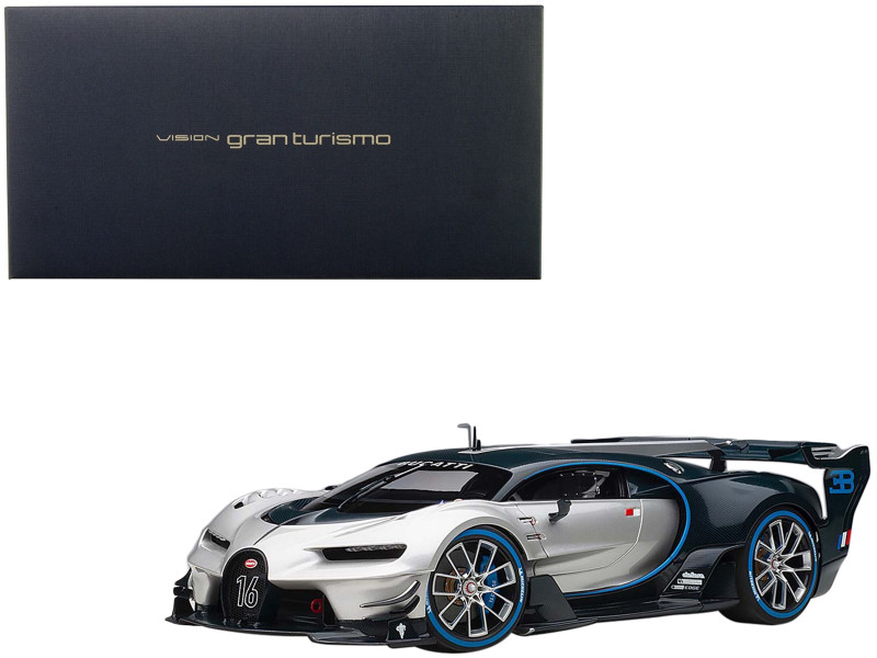 Bugatti Vision Gran Turismo 16 Argent Silver Blue Carbon Fiber 1/18 Model Car Autoart 70987