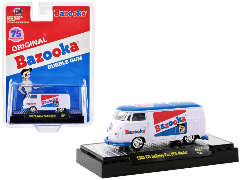 1960 Volkswagen Delivery Van USA Version Bazooka Bubble Gum 75th Anniversary White Blue Top Graphics Limited Edition 3850 pieces Worldwide 1/64 Diecast Model Car M2 Machines 31500-HS34