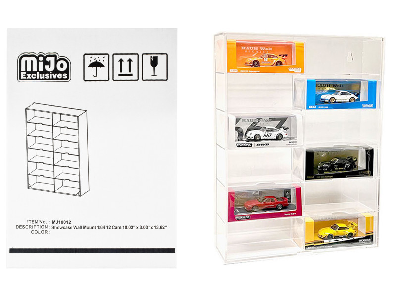 Showcase 12 Car Display Case Wall Mount Clear Back Panel Extra Space Mijo Exclusives 1/64 Scale Models MJ10012
