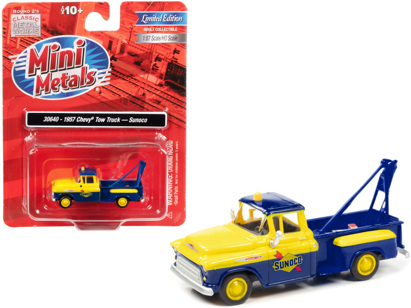1957 Chevrolet Stepside Tow Truck Sunoco Blue Yellow 1/87 HO Scale Model Car Classic Metal Works 30640