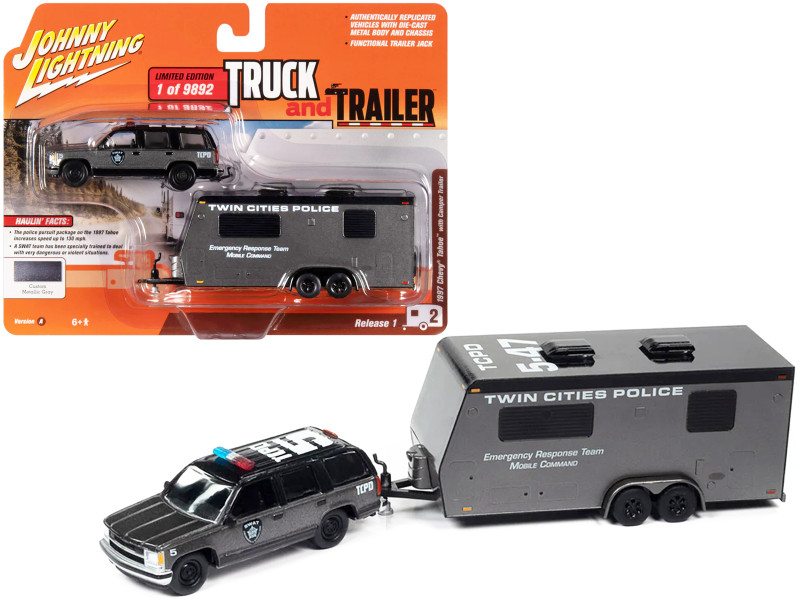 1997 Chevrolet Tahoe SWAT Custom Gray Metallic Black Twin Cities Police Camper Trailer Limited Edition 9892 pieces Worldwide Truck and Trailer Series 1/64 Diecast Model Car Johnny Lightning JLBT016-JLSP300A