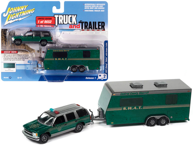 1997 Chevrolet Tahoe Central County Sheriff Emerald Green Gray SWAT Camper Trailer Limited Edition 9652 pieces Worldwide Truck and Trailer Series 1/64 Diecast Model Car Johnny Lightning JLBT016-JLSP300B