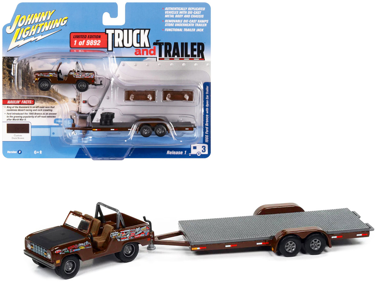 Diecast Model Cars wholesale toys dropshipper drop shipping 1966 Ford  Bronco Dark Brown Black Hood Graphics Open Trailer Limited Edition 9892  pieces Worldwide Truck and Trailer Series 1/64 Johnny Lightning  JLBT016-JLSP301B drop
