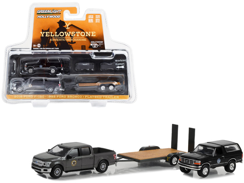 2018 Ford F-150 Pickup Truck Montana Livestock Association Gray 1992 Ford Bronco Montana Livestock Association Black Flatbed Car Trailer Yellowstone 2018-Current TV Series Hollywood Hitch & Tow Series 11 1/64 Diecast Model Cars Greenlight 31150C