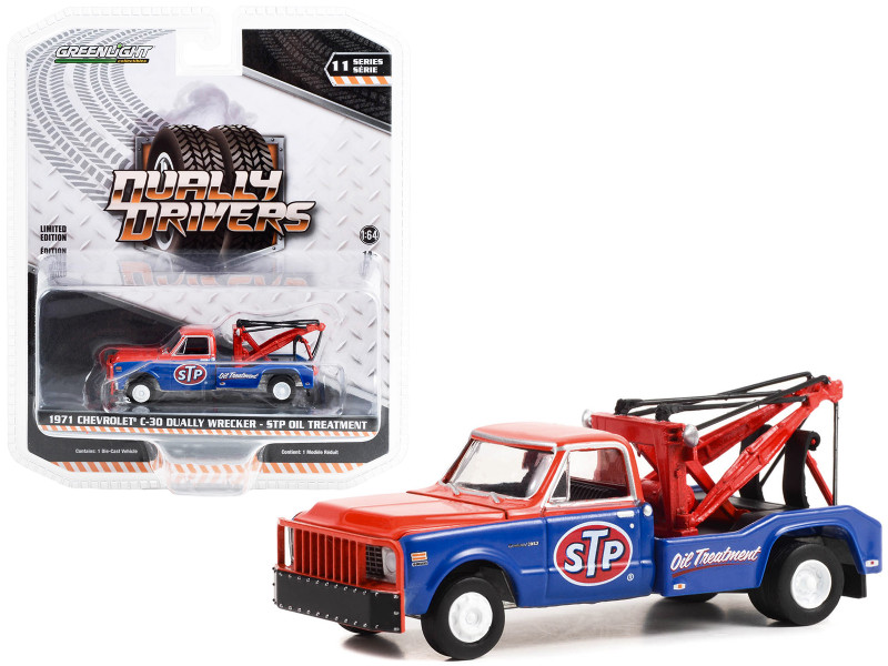 1971 Chevrolet C-30 Dually Wrecker Tow Truck STP Oil Treatment Red Blue Dually Drivers Series 11 1/64 Diecast Model Car Greenlight 46110B
