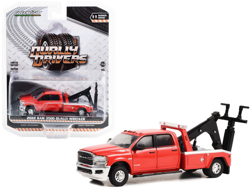 2022 Ram 3500 Dually Wrecker Tow Truck Flame Red Dually Drivers Series 11 1/64 Diecast Model Car Greenlight 46110F