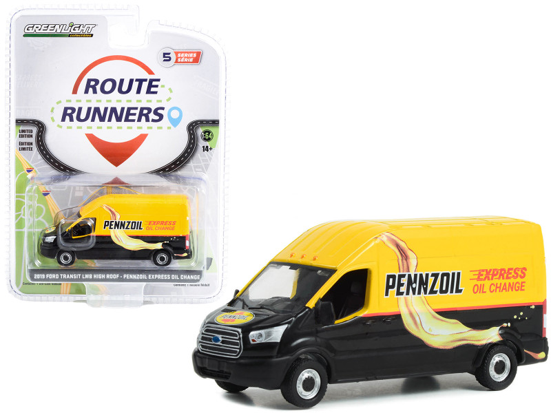 2019 Ford Transit LWB High Roof Van Pennzoil Express Oil Change Yellow Black Route Runners Series 5 1/64 Diecast Model Car Greenlight 53050C