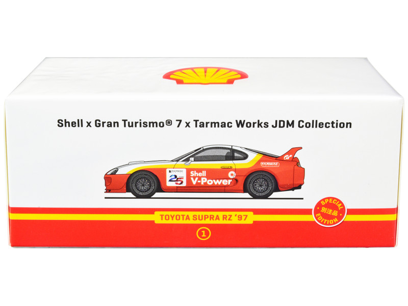 1997 Toyota Supra RZ RHD Right Hand Drive Red White Yellow Stripes Shell x Gran Turismo 7 Special Edition 1/64 Diecast Model Car Tarmac Works T64-011-SS22