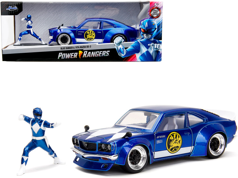 1974 Mazda RX-3 Candy Blue White Interior Graphics Blue Ranger Diecast Figure Power Rangers Hollywood Rides Series 1/24 Diecast Model Car Jada 34389