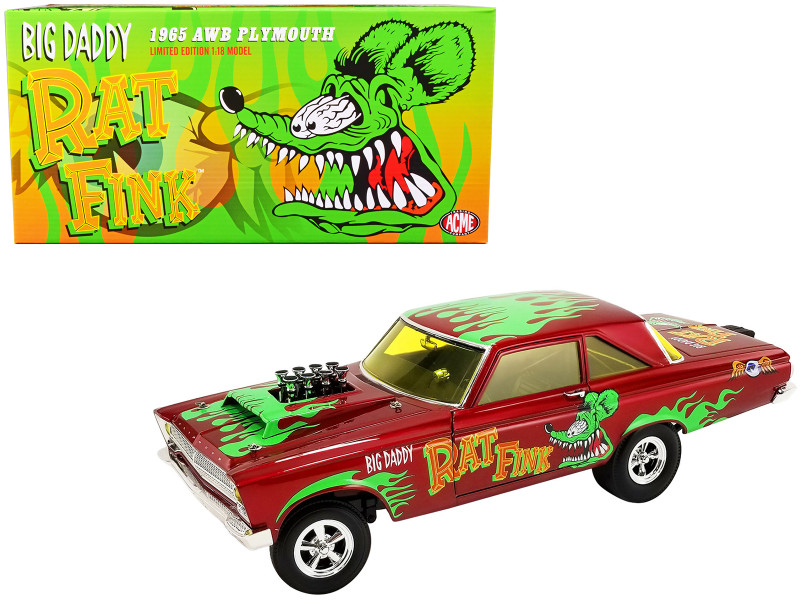 1965 Plymouth AWB Altered Wheel Base Big Daddy Rat Fink Red Metallic Graphics Limited Edition 900 pieces Worldwide 1/18 Diecast Model Car ACME A1806508