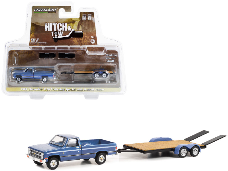 1981 Chevrolet C-20 Trailering Special Pickup Truck Blue Black Stripes Flatbed Trailer Hitch & Tow Series 27 1/64 Diecast Model Car Greenlight 32270B