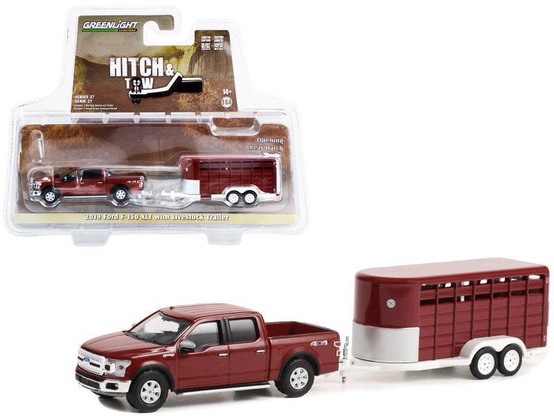 2019 Ford F-150 XLT Pickup Truck Red Livestock Trailer Hitch & Tow Series 27 1/64 Diecast Model Car Greenlight 32270D