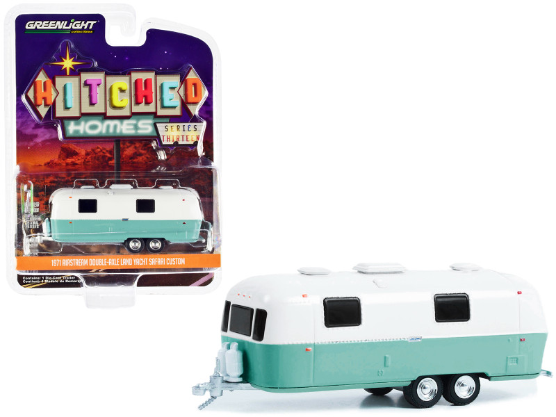 1971 Airstream Double-Axle Land Yacht Safari Custom White Seafoam Green Hitched Homes Series 13 1/64 Diecast Model Greenlight 34130D