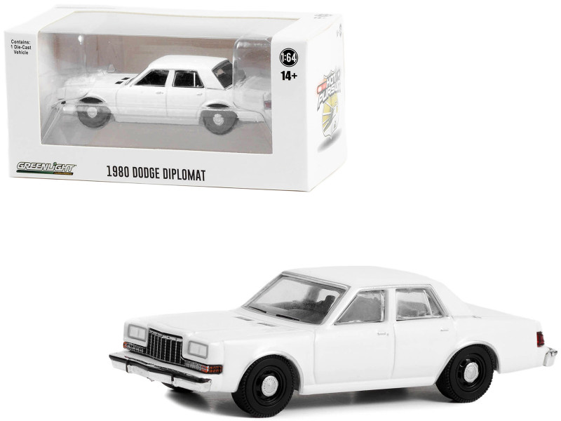 1980-1989 Dodge Diplomat Police Unmarked White Hot Pursuit Hobby Exclusive Series 1/64 Diecast Model Car Greenlight 43006