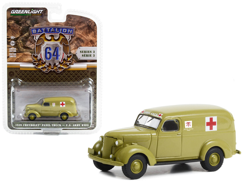 1939 Chevrolet Panel Truck Ambulance U.S. Army World War II Green Battalion 64 Series 3 1/64 Diecast Model Car Greenlight 61030A