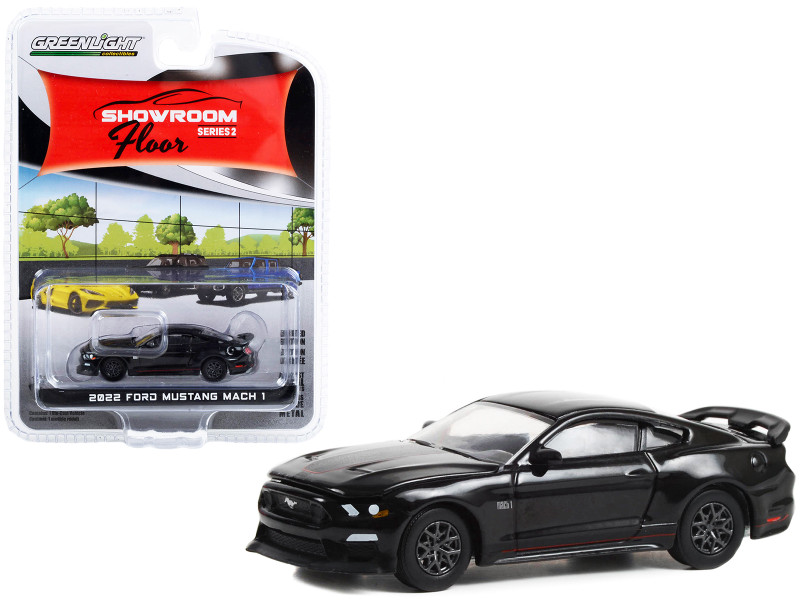 2022 Ford Mustang Mach 1 Shadow Black with Red Stripes "Showroom Floor" Series 2 1/64 Diecast Model Car by Greenlight