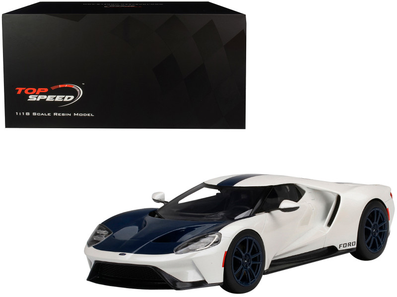 Ford GT 1964 Prototype Heritage Edition White with Dark Blue Hood and Stripe 1/18 Model Car Top Speed TS0376