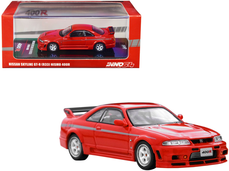 Nissan Skyline GT-R R33 Nismo 400R RHD Right Hand Drive Super Clear Red II with Silver Stripes 1/64 Diecast Model Car Inno Models IN64-400R-SCR