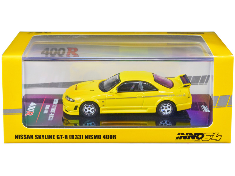 Nissan Skyline GT-R R33 Nismo 400R RHD Right Hand Drive Lightning Yellow Silver Stripes 1/64 Diecast Model Car Inno Models IN64-400R-LYL