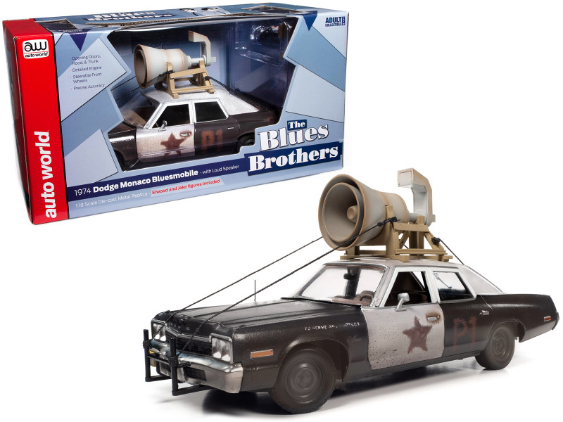 1974 Dodge Monaco Bluesmobile with Loud Speaker Black and White Dirty with Jake and Elwood Blues Figures The Blues Brothers 1980 Movie 1/18 Diecast Model Car Auto World AWSS133