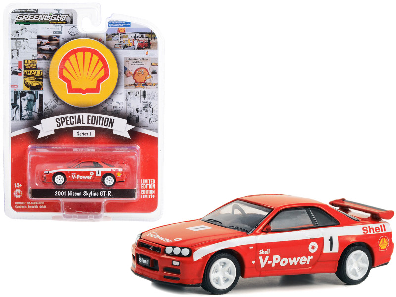 2001 Nissan Skyline GT R R34 #1 Red with White Stripes Shell Racing Shell Oil Special Edition Series 1 1/64 Diecast Model Car Greenlight 41125D