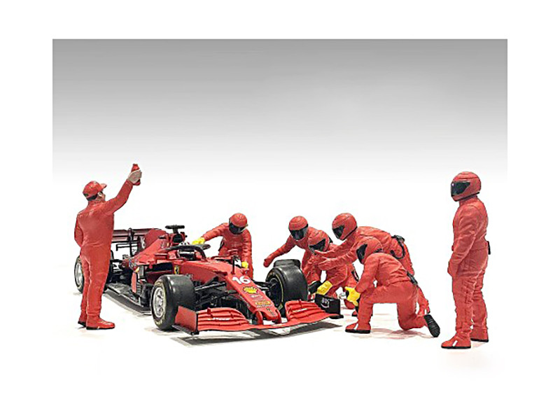 Formula One F1 Pit Crew 7 Figure Set Team Red Release III for 1/43 Scale Models American Diorama 38388