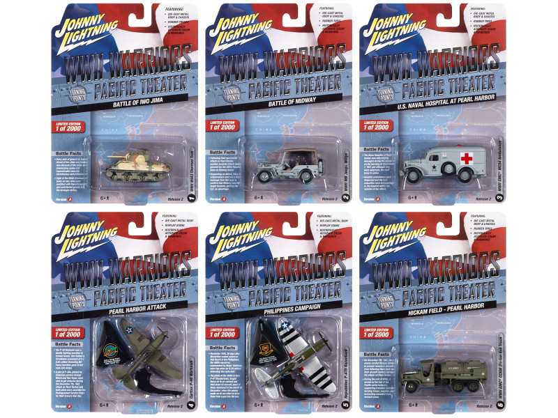 WWII Warriors Pacific Theater Military 2022 Set A of 6 pieces Release 2 Limited Edition to 2000 pieces Worldwide Diecast Model Cars Johnny Lightning JLML008A