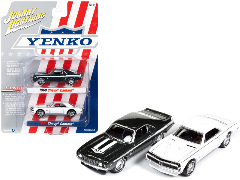 1969 Chevrolet Camaro Fathom Green Metallic with White Stripes and 1967 Chevrolet Camaro White with Black Nose Stripe Yenko Series Set of 2 Cars 1/64 Diecast Model Cars Johnny Lightning JLPK019-JLSP276A