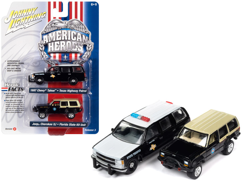 1997 Chevrolet Tahoe Texas Highway Patrol Department of Public Safety Black and White and Jeep Cherokee XJ Florida State Trooper K9 Unit Black with Tan Top American Heroes Series Set of 2 Cars 1/64 Diecast Model Cars Johnny Lightning JLPK019-JLSP277A