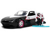 1990 Mazda Miata Black and White with Graphics and Ghost Spider Diecast Figure Spider Man Marvel Series 1/32 Diecast Model Car Jada 33662