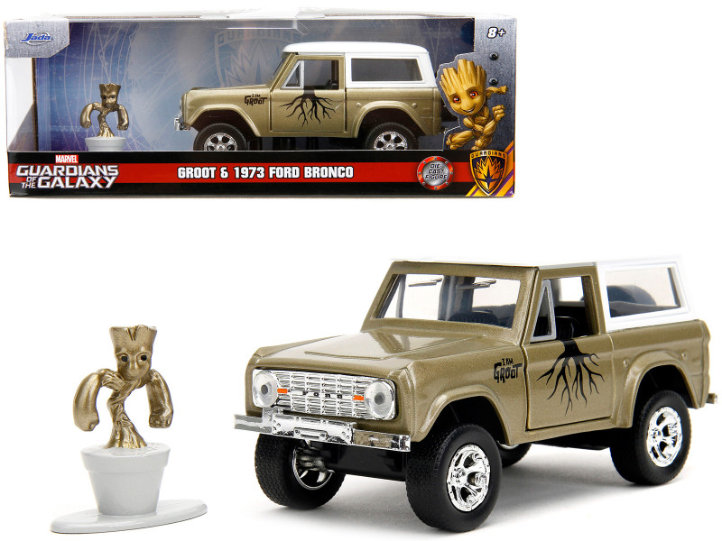 1973 Ford Bronco Gold Metallic with White Top and Groot Diecast Figure Guardians of the Galaxy Marvel Series 1/32 Diecast Model Car Jada 34415