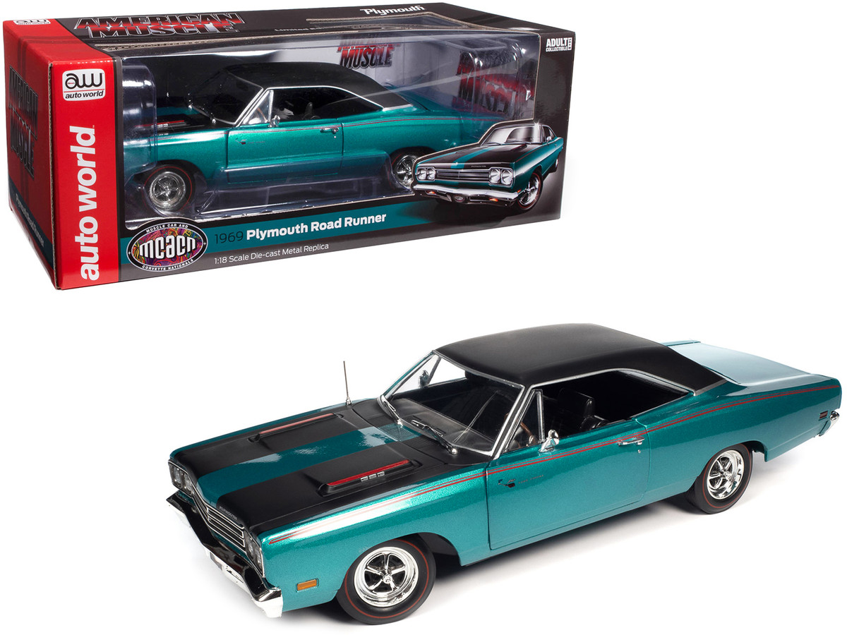 Diecast Model Cars wholesale toys dropshipper drop shipping 1969 Plymouth  Road Runner Seafoam Turquoise Metallic with Black Top and Red Stripes Muscle  Car & Corvette Nationals MCACN 1/18 Auto World AMM1289 drop