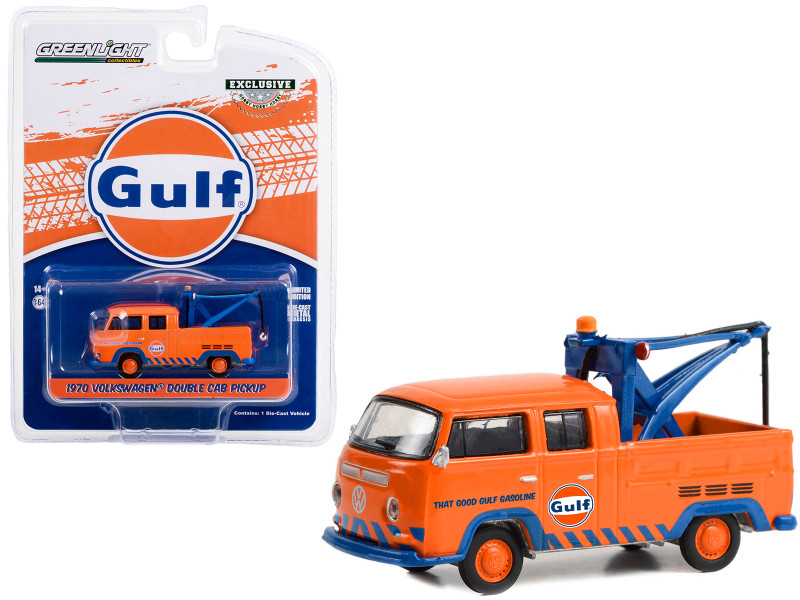1970 Volkswagen Double Cab Pickup Tow Truck Orange Gulf Oil That Good Gulf Gasoline Hobby Exclusive Series 1/64 Diecast Model Car Greenlight 30412