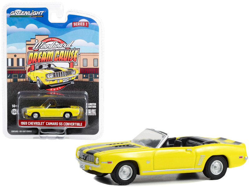1969 Chevrolet Camaro SS Convertible Yellow with Black Stripes 17th Annual Woodward Dream Cruise Featured Heritage Vehicle 2011 Woodward Dream Cruise Series 1 1/64 Diecast Model Car Greenlight 37280B